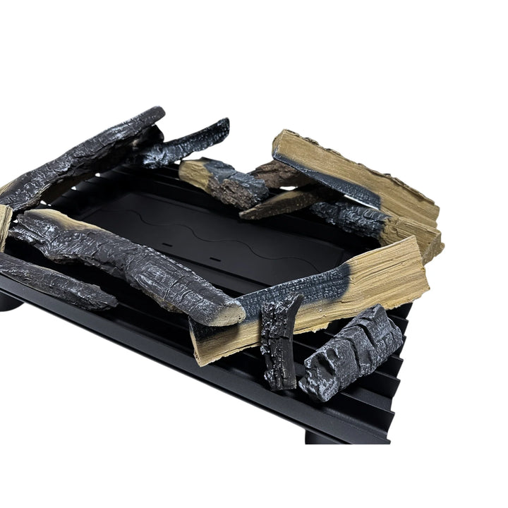 Nahaufnahme des handgefertigten Keramik Holz Sets des Bioethanol Kamins Tradition von Wild Flame