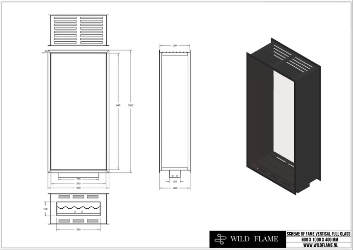 Technische Zeichnung für Bioethanol Einbau Kamin Zweiseitig und Vertikal für Raumteiler mit Vollverglasung Vollglas FAME 60x100cm von Wild Flame
