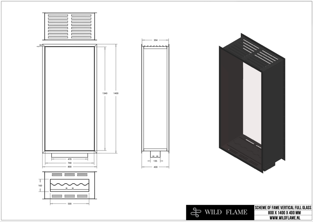 Technische Zeichnung für Bioethanol Einbau Kamin Zweiseitig und Vertikal für Raumteiler mit Vollverglasung Vollglas FAME 80x140cm von Wild Flame