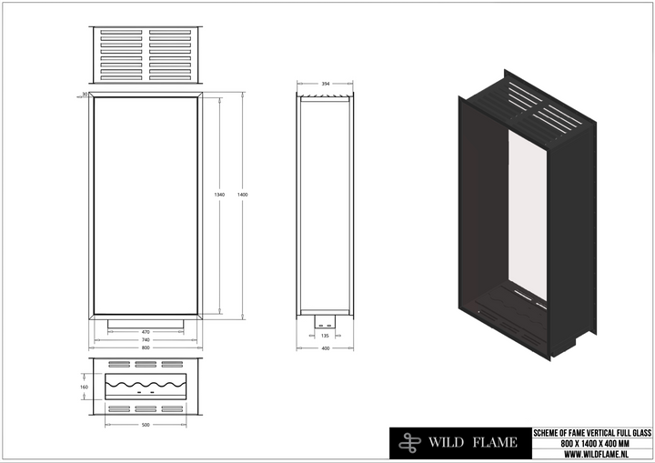 Technische Zeichnung für Bioethanol Einbau Kamin Zweiseitig und Vertikal für Raumteiler mit Vollverglasung Vollglas FAME 80x140cm von Wild Flame